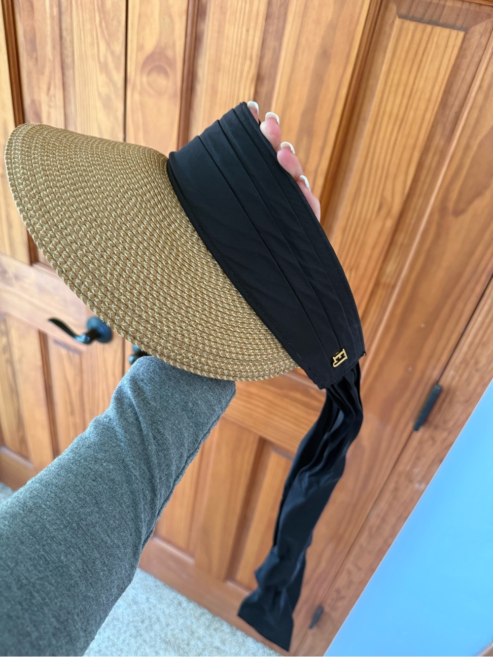 Eric Javits Black and Tan Straw Visor with Tie Back